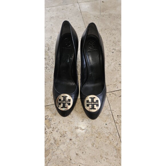 Tory Burch Alice Wedge 85MM Leather 35059 size 8 black and silver - Picture 1 of 4